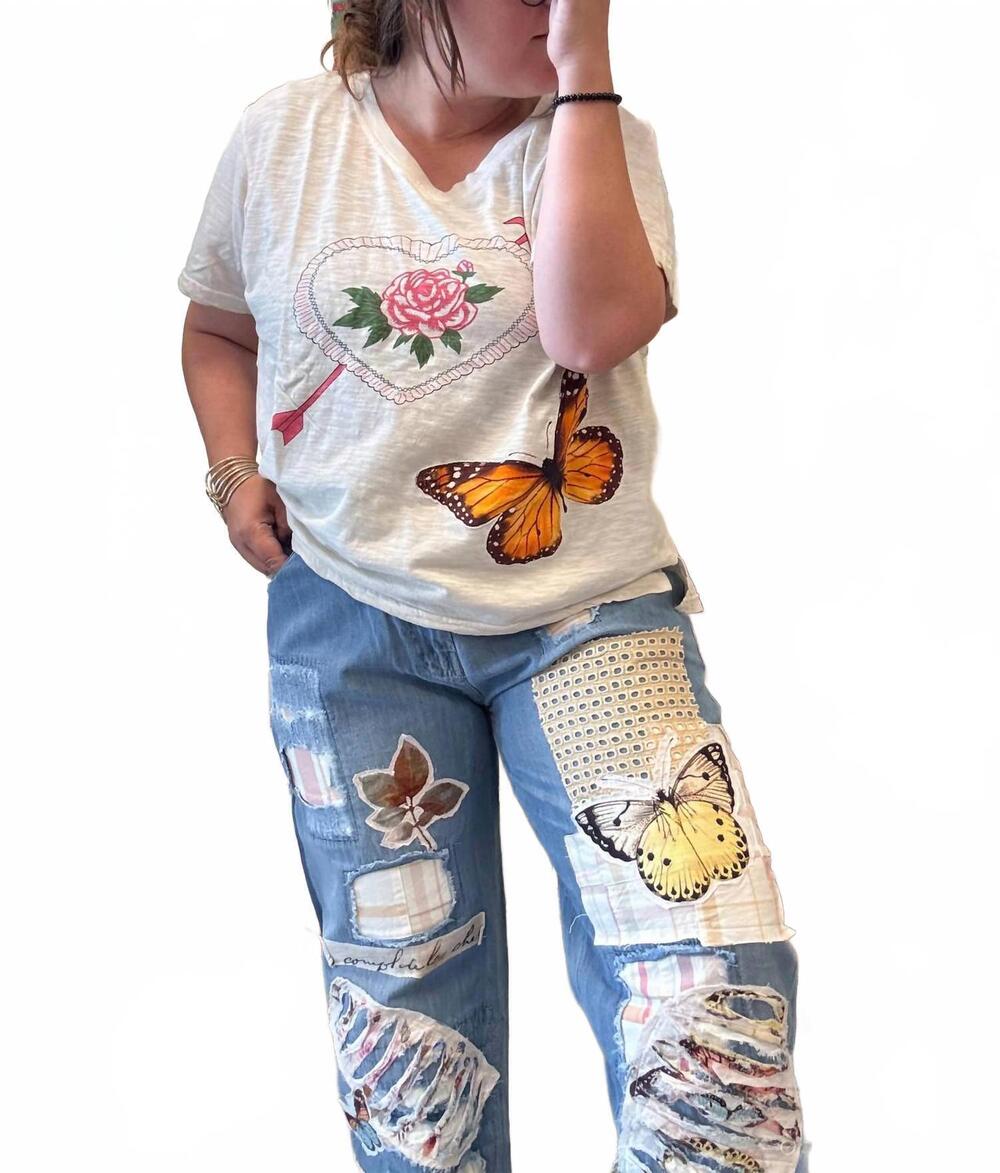 NEW PAPERLACE butterfly appliqué distressed patched jeans in blue